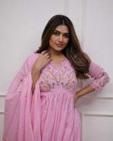 Baby Pink Floral Cotton Embroidered Anarkali Suit Set with Dupatta